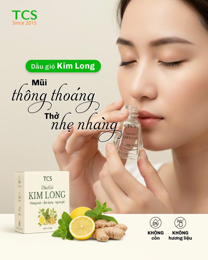 Dầu gió Kim Long TCS thảo dược tự nhiên giúp thông mũi, giảm nghẹt mũi với thành phần chanh, gừng và bạc hà.