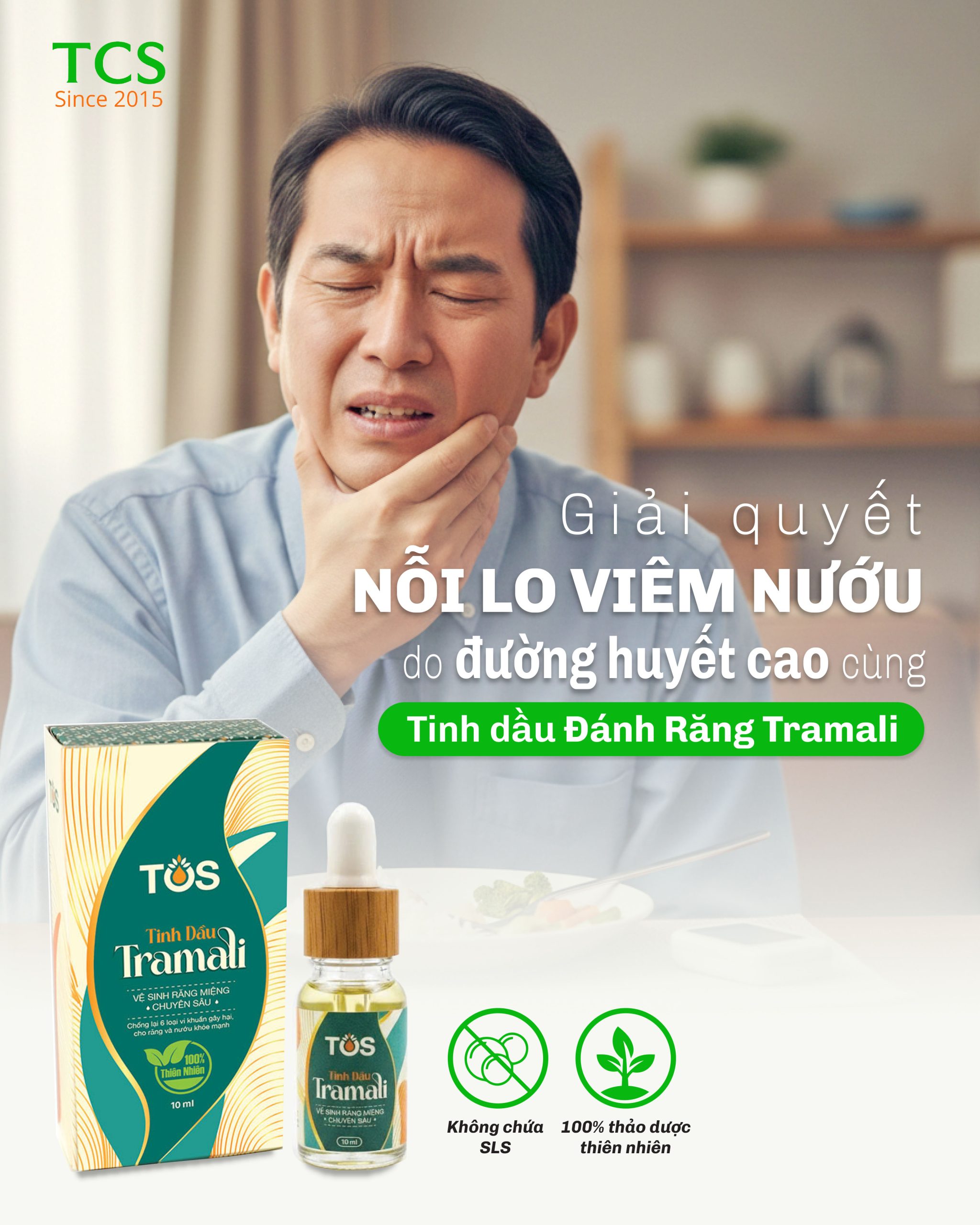 Hình ảnh quảng cáo tinh dầu đánh răng Tramali của TCS dành cho người bị viêm nướu do đường huyết cao.